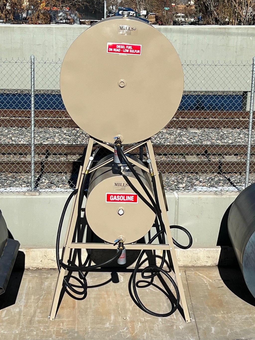 Mills Trifecta Overhead Farm Fuel Tank Set, 500 and 150 Gallon with Stand